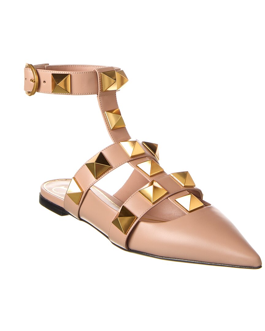 Shop Valentino Roman Stud Leather Ankle Strap Flat In Pink
