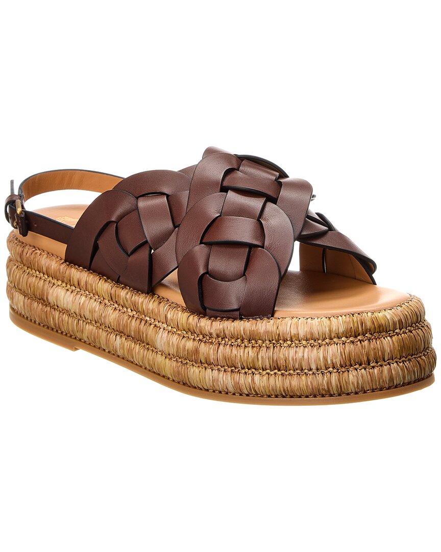 Tod's Brown Braided Leather Sandal With Raffia Bottom In Brown