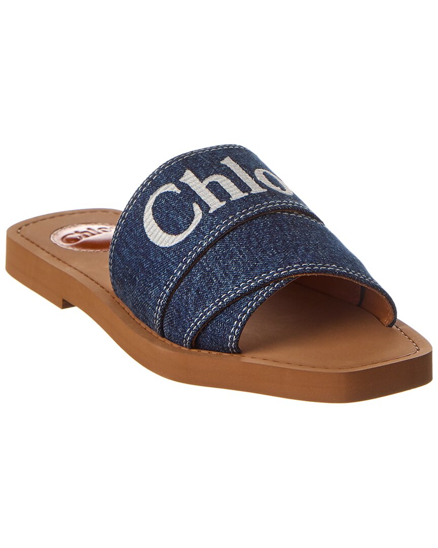 Shop Chloé Woody Logo Denim Sandal In Blue