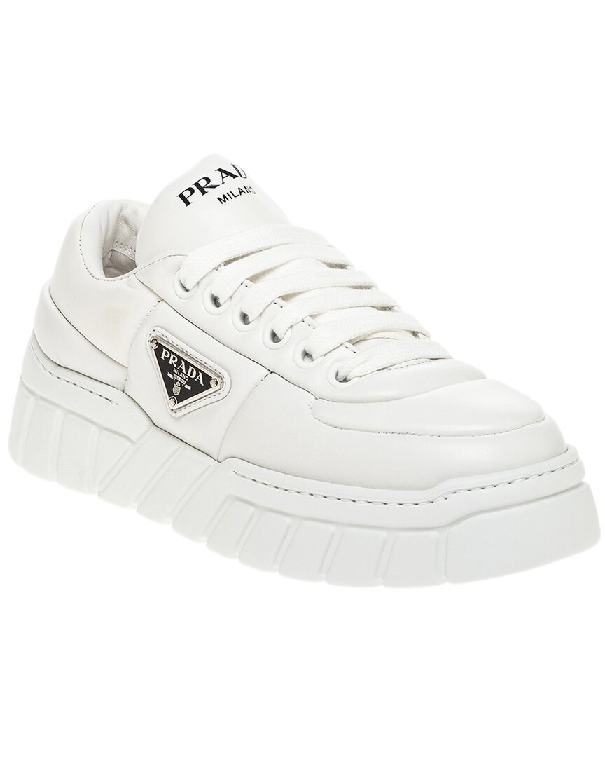 Shop Prada Logo Padded Leather Sneaker In White