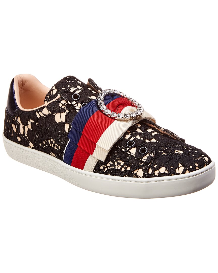 Gucci Ace Stripe Flower Leather Sneaker In Black