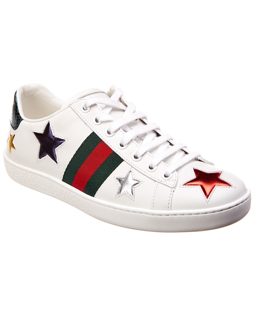 Gucci Ace Star Embroidered Leather Sneaker In White