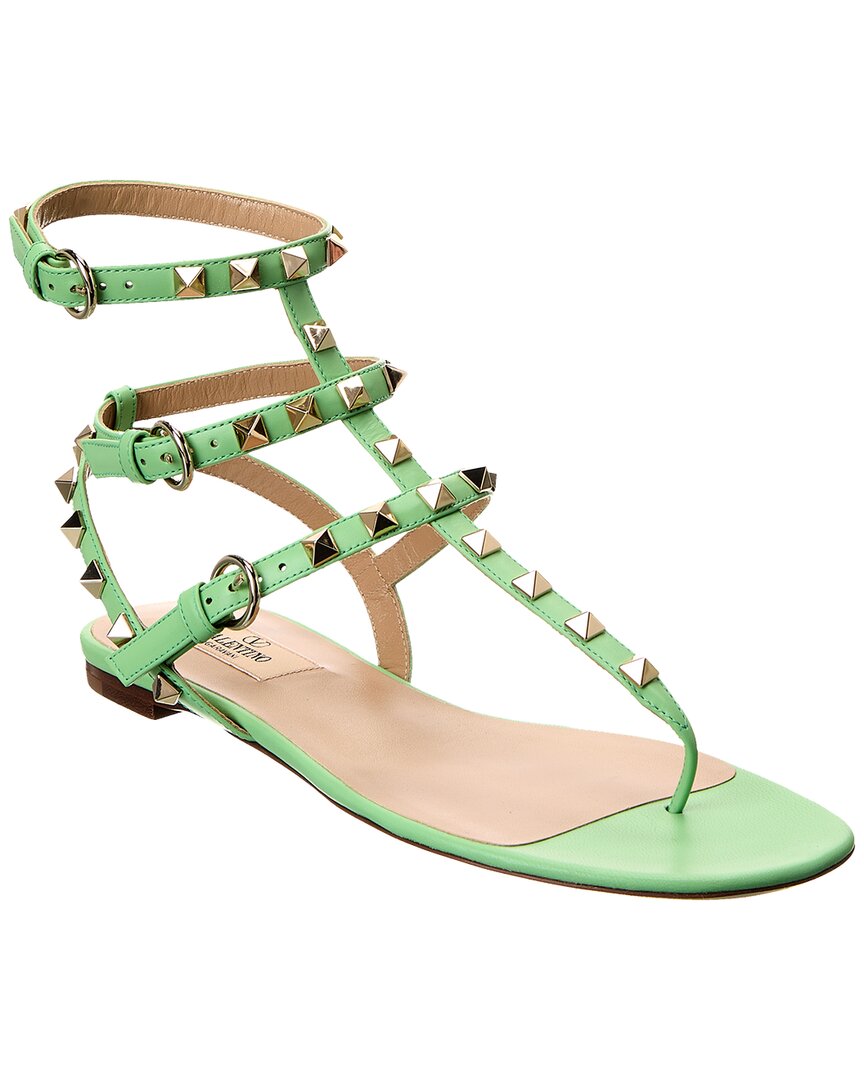 Shop Valentino Rockstud Caged Leather Ankle Strap Sandal In Green