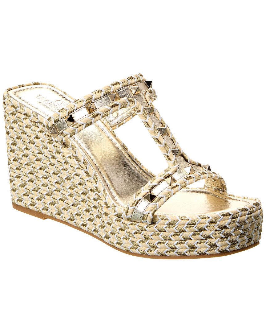 Valentino Leather Rockstud Wedge Sandals 90 In Neutral