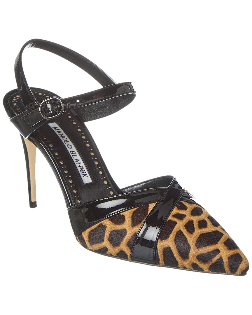 Manolo Blahnik Aristida 90 Haircalf & Patent Pump In Brown