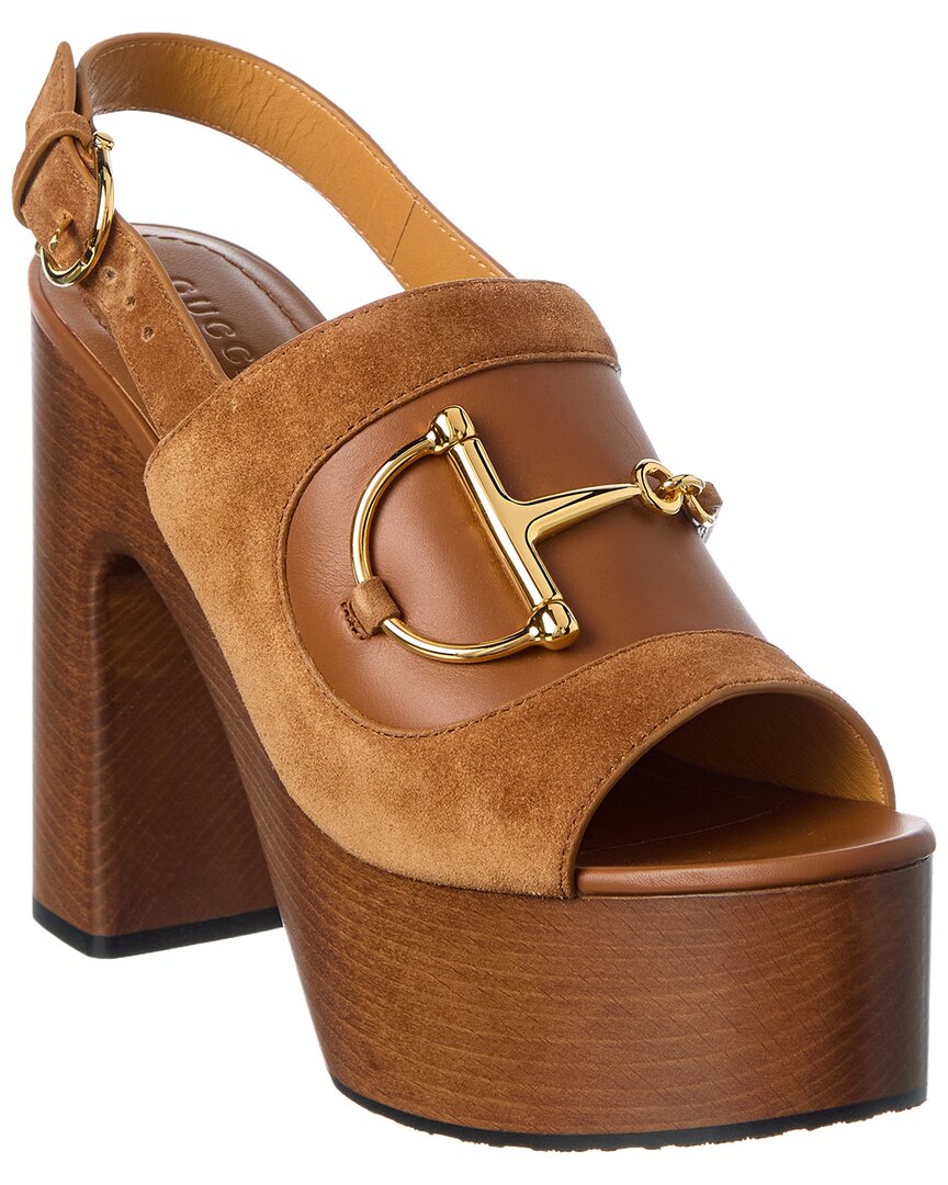 Gucci Horsebit Suede & Leather Platform Sandal In Brown