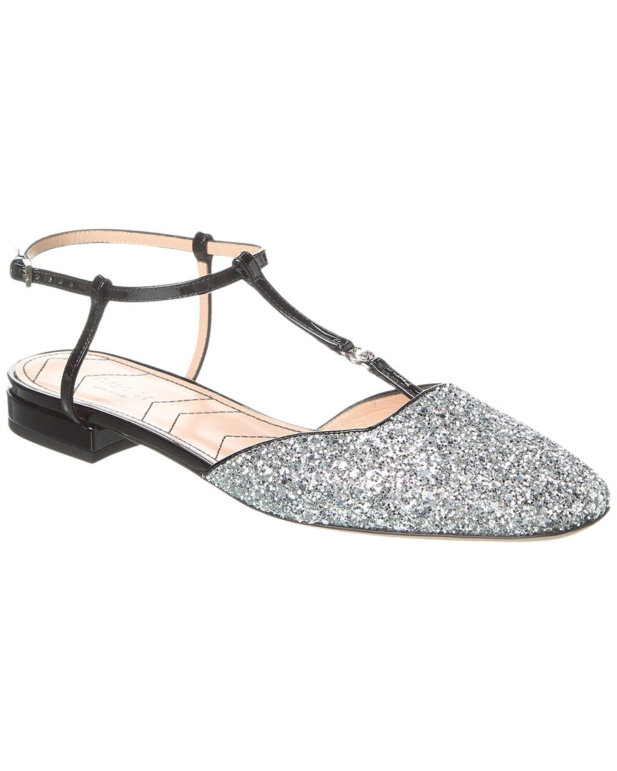 Gucci Double G Glitter & Leather Flat In Silver