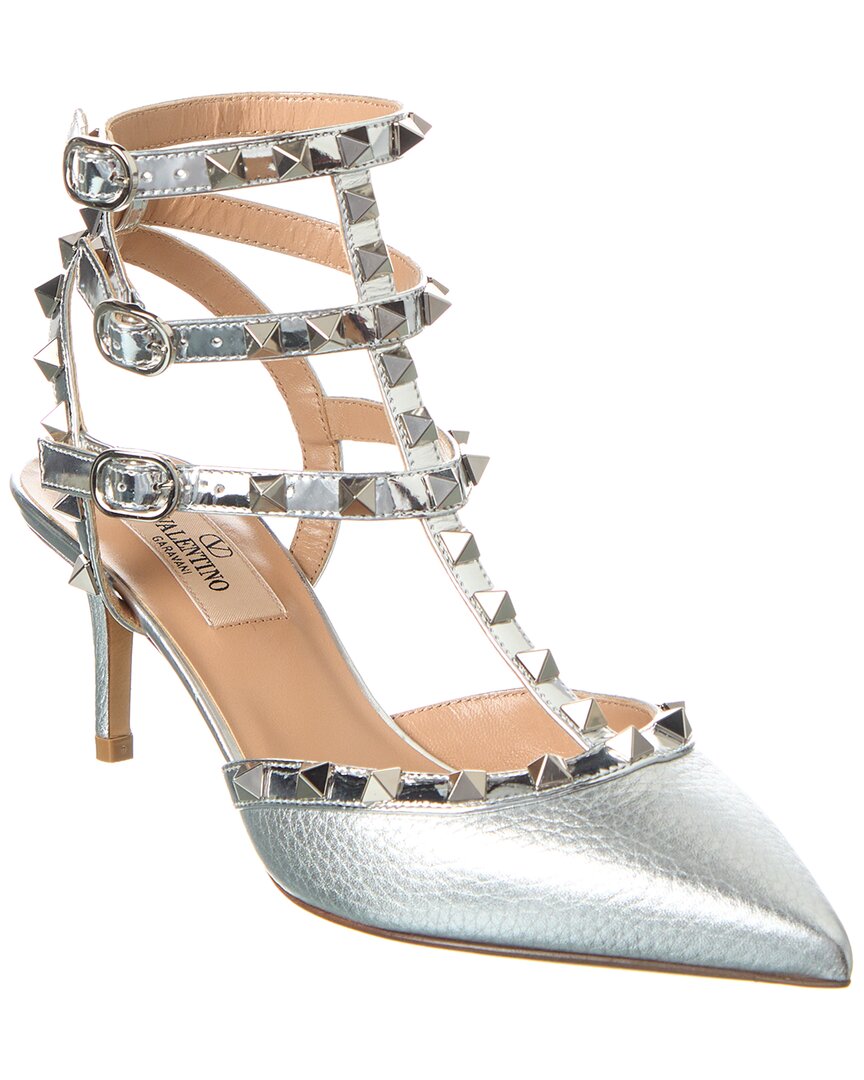 Shop Valentino Rockstud Caged 65 Grainy Leather & Patent Pump In Silver