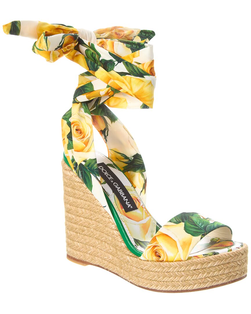 Shop Dolce & Gabbana Printed Charmeuse Wedge Sandal In Yellow