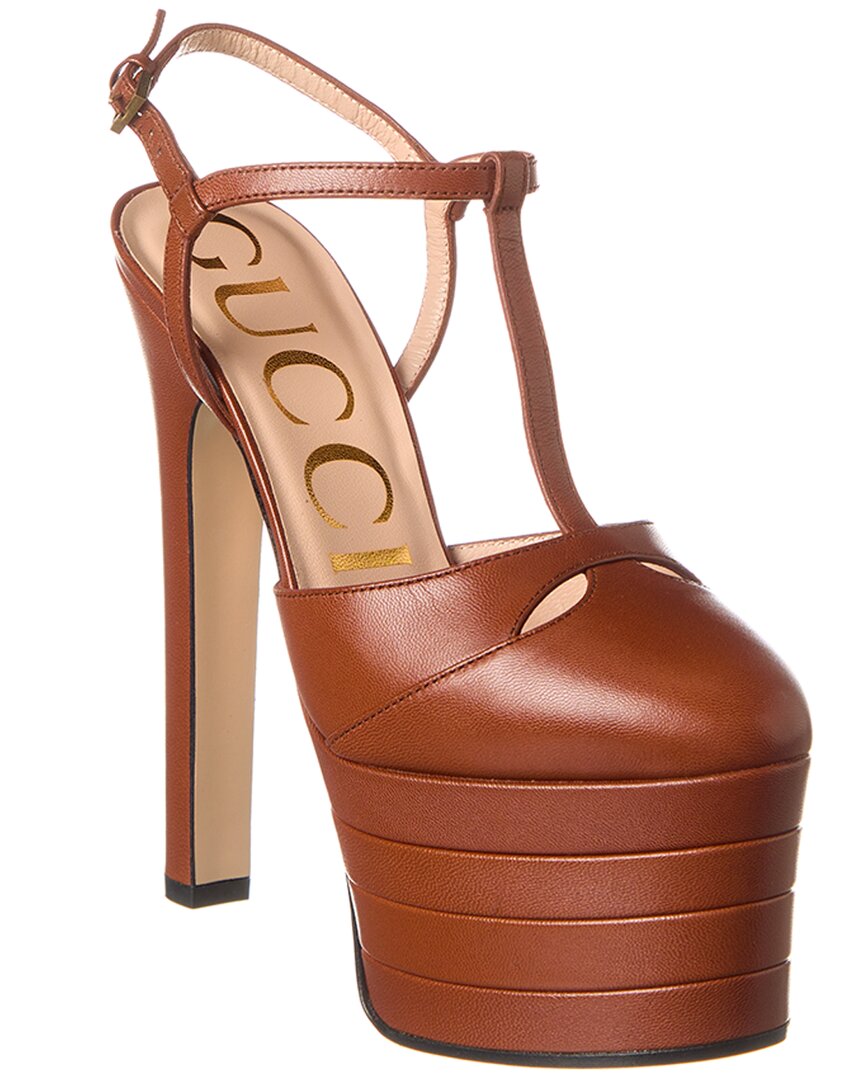 Shop Gucci Leather Platform Pump In Brown