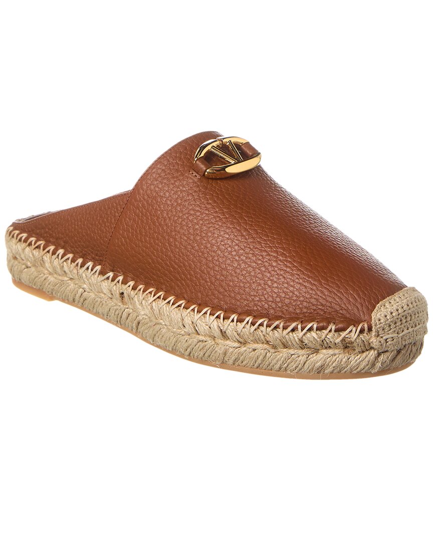 Shop Valentino Vlogo Grainy Leather Mule Espadrille In Brown