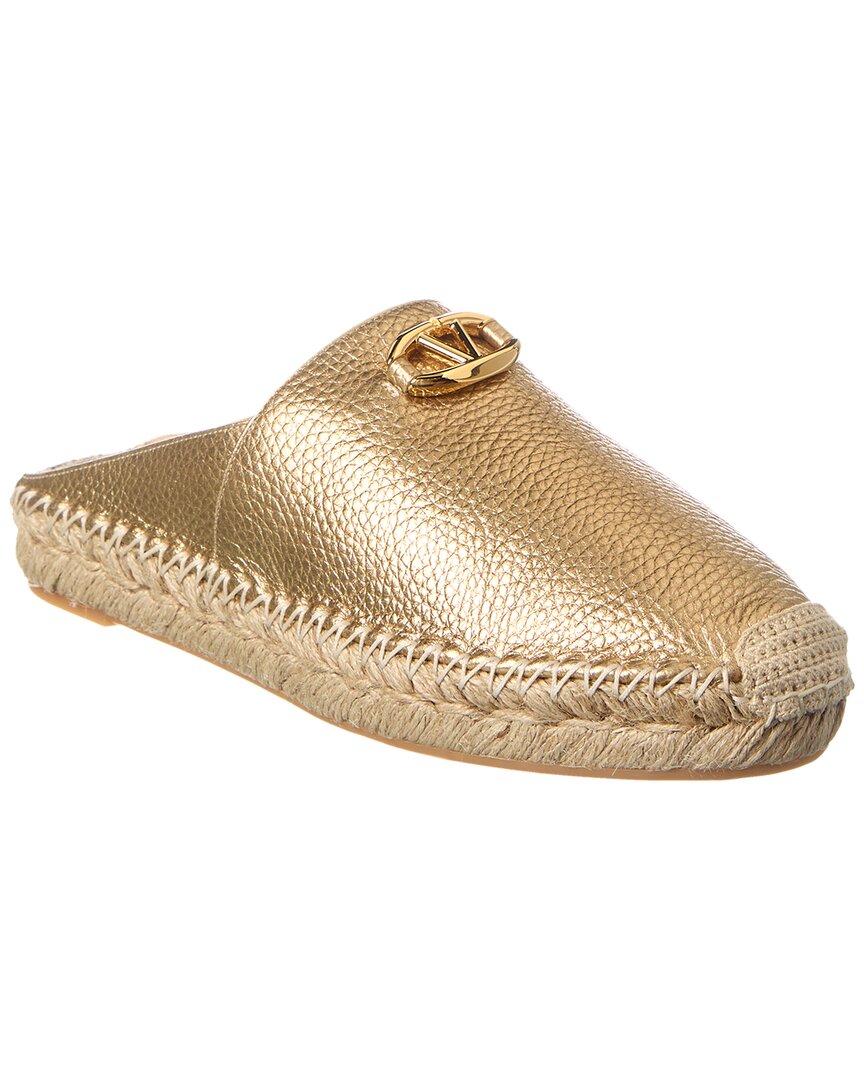 Shop Valentino Vlogo Grainy Leather Mule Espadrille In Gold