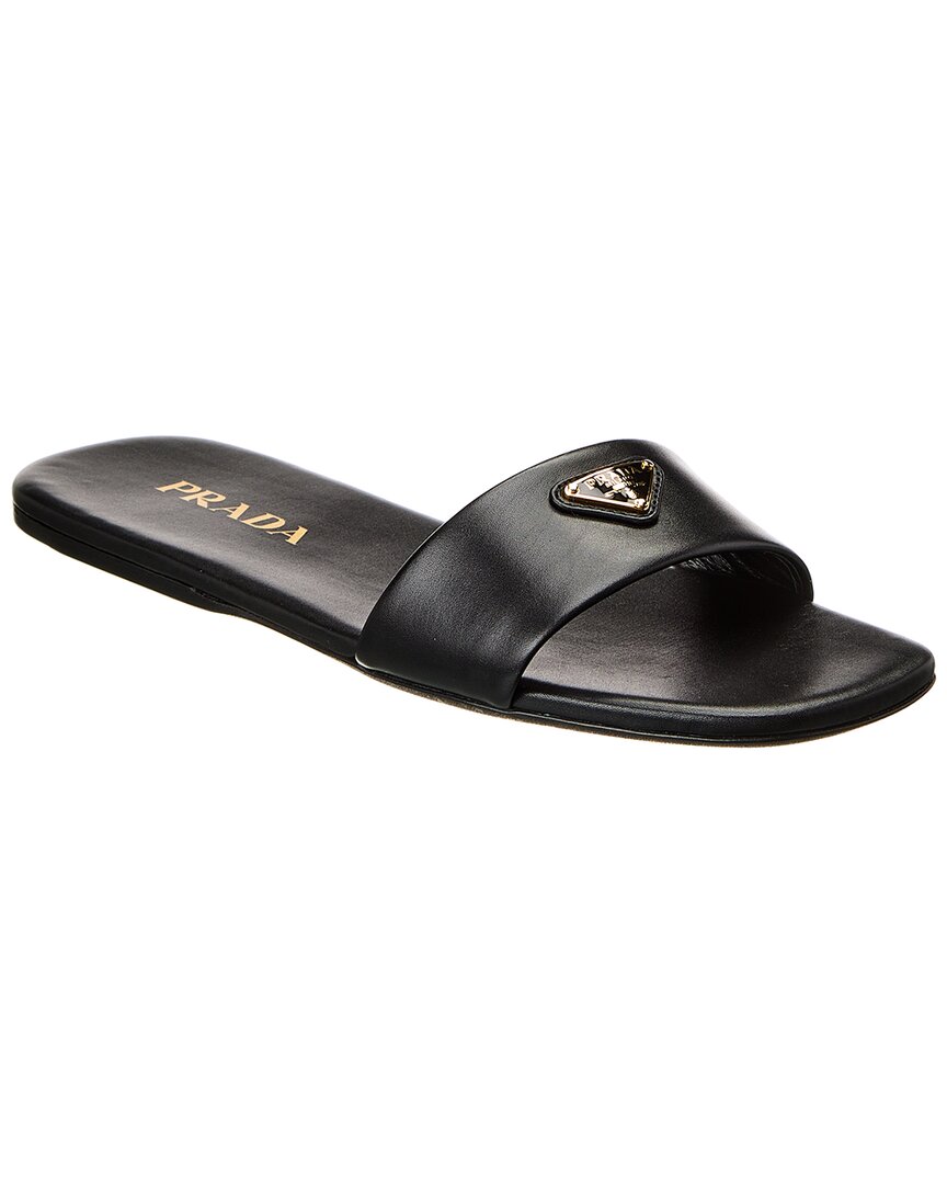 Shop Prada Logo Leather Sandal In Black