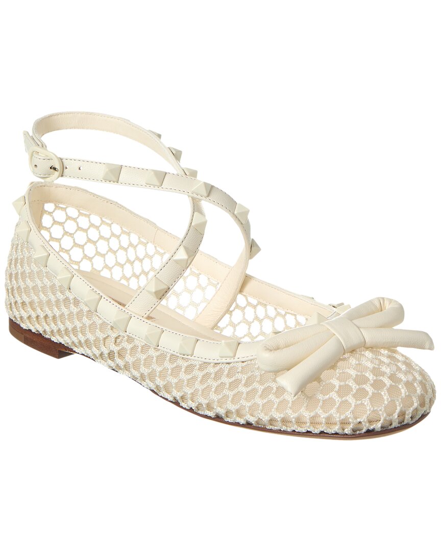 Shop Valentino Rockstud Mesh & Leather Flat In White