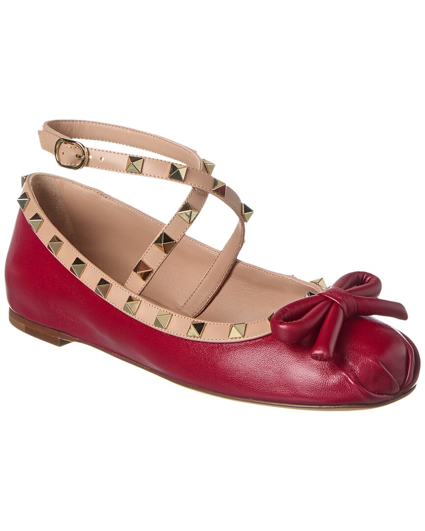Shop Valentino Rockstud Leather Ballerina Flat In Red