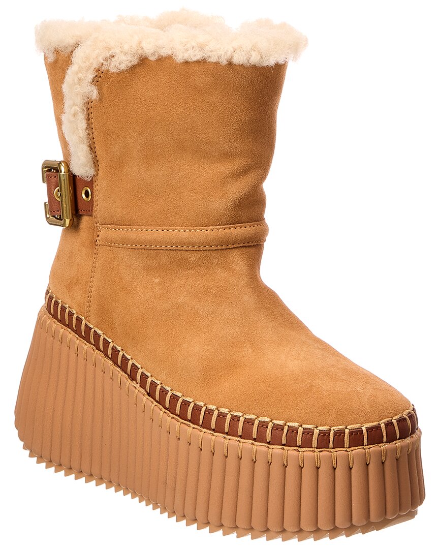 Chloé Gold/Brown Nama Suede & Shearling Bootie