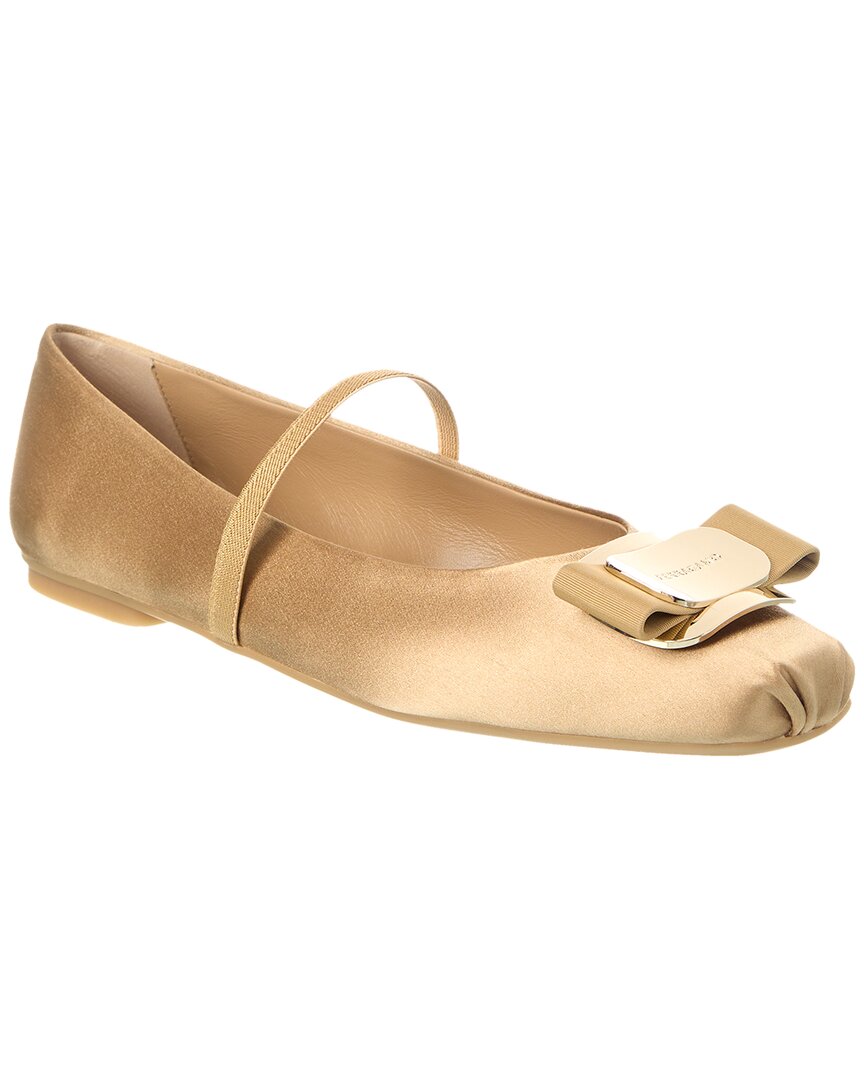 Shop Ferragamo Zina T Plate Satin Ballerina Flat In Brown