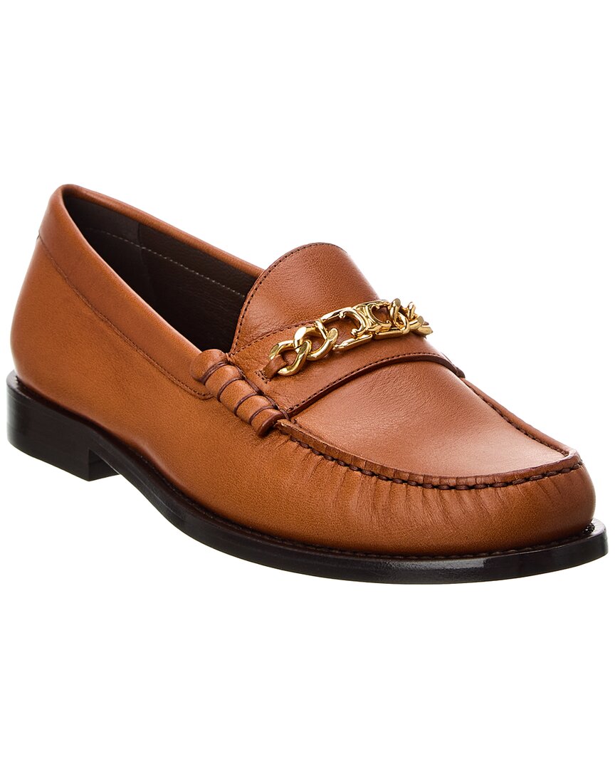 Shop Celine Luco Chain Detail Leather Loafer In Brown