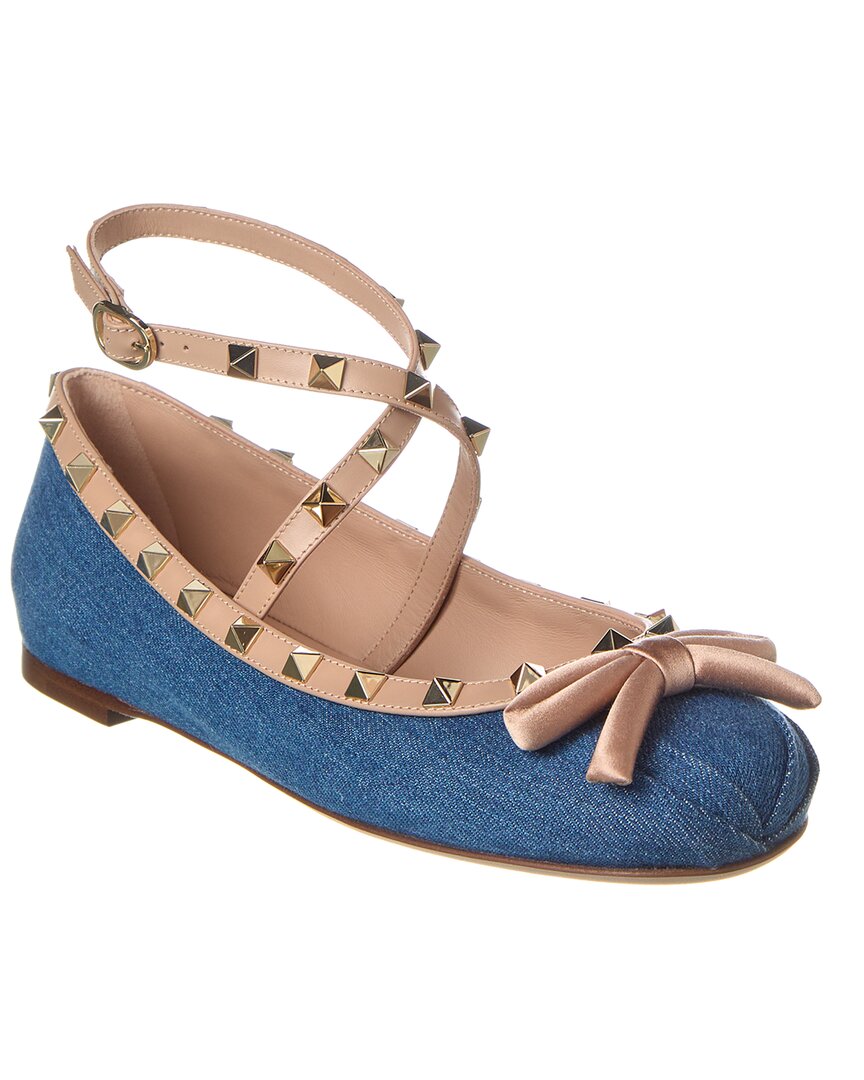 Valentino Rockstud Satin And Leather-trimmed Denim Ballet Flats In Blue