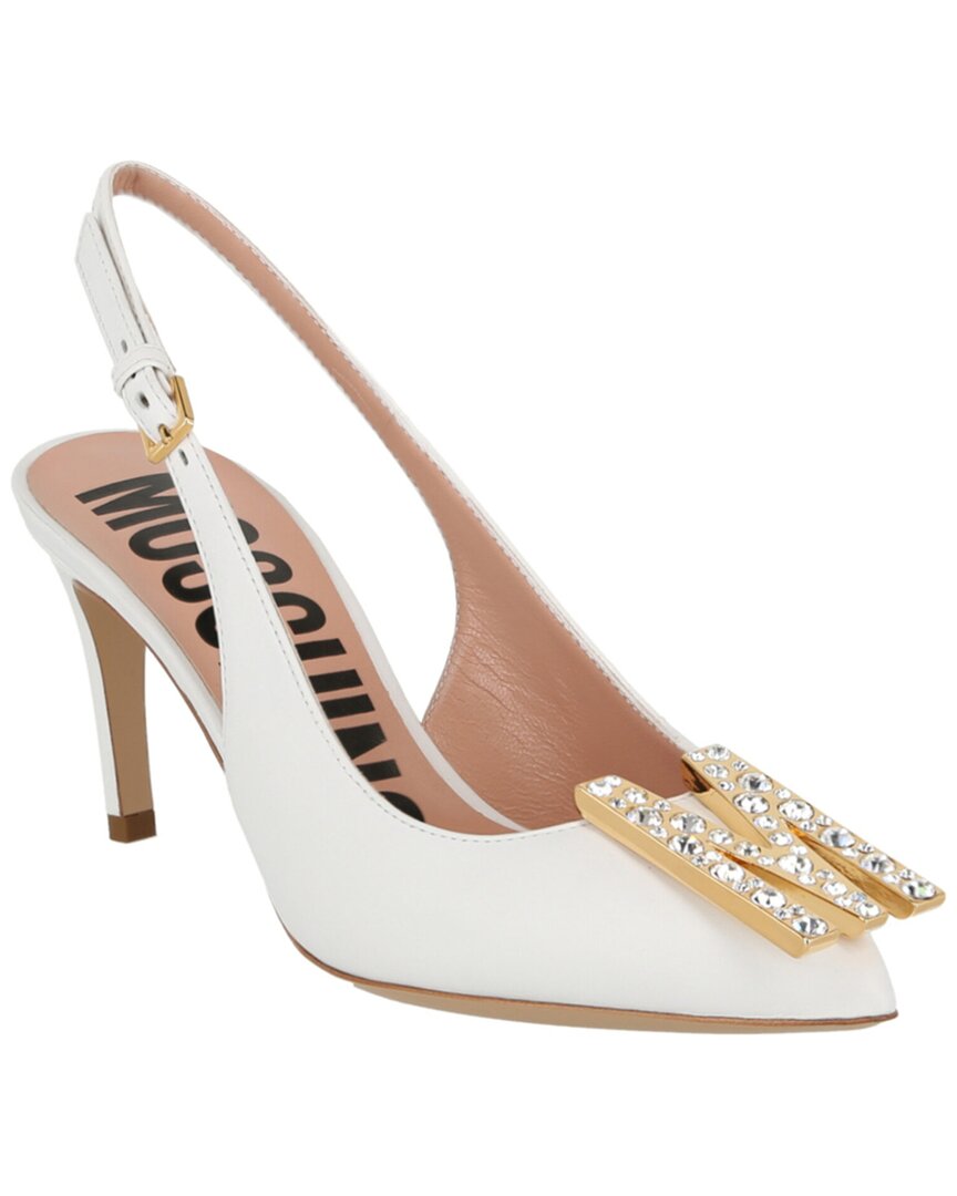 Moschino Logo Leather Slingback Pump In White