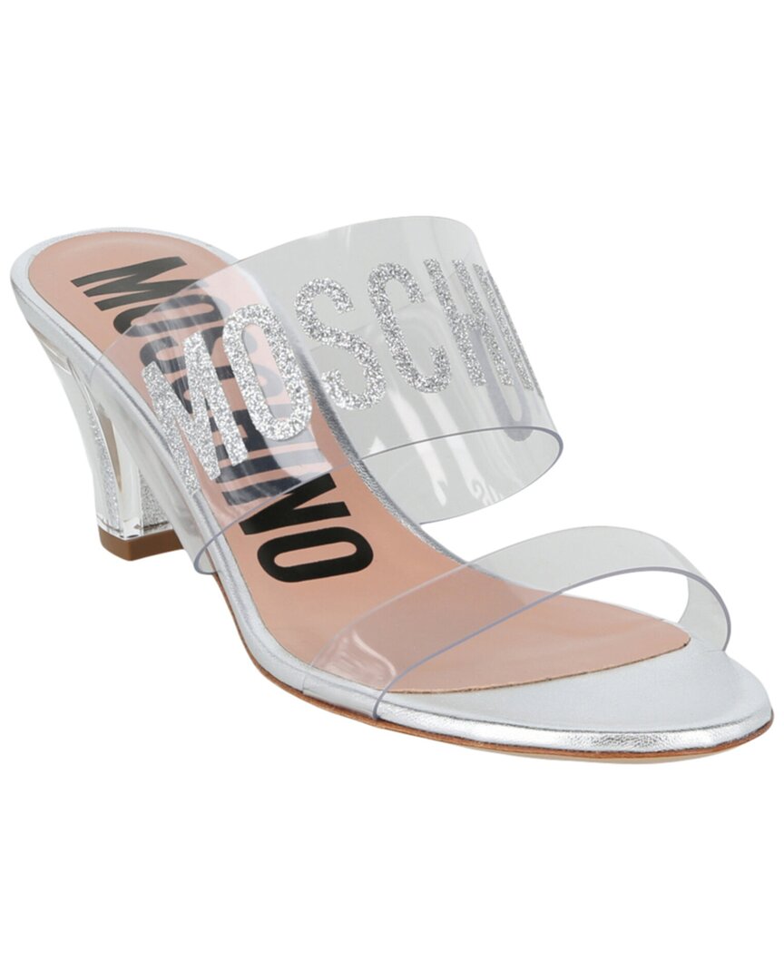 Moschino Glitter Logo Heel Sandals In Silver