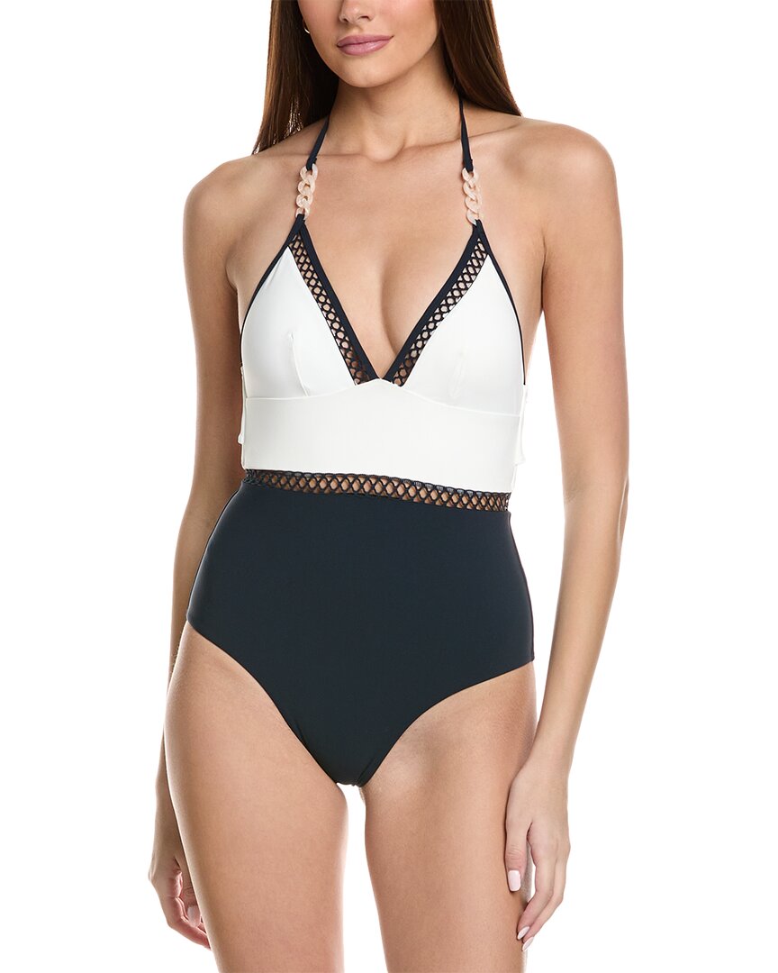 Reiss Navy Colourblock Halter Swimsuit
