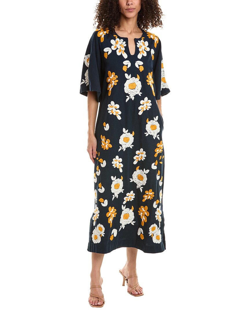 Frances Valentine Dreamy Floral-embroidered Elbow-sleeve Dress In Navy