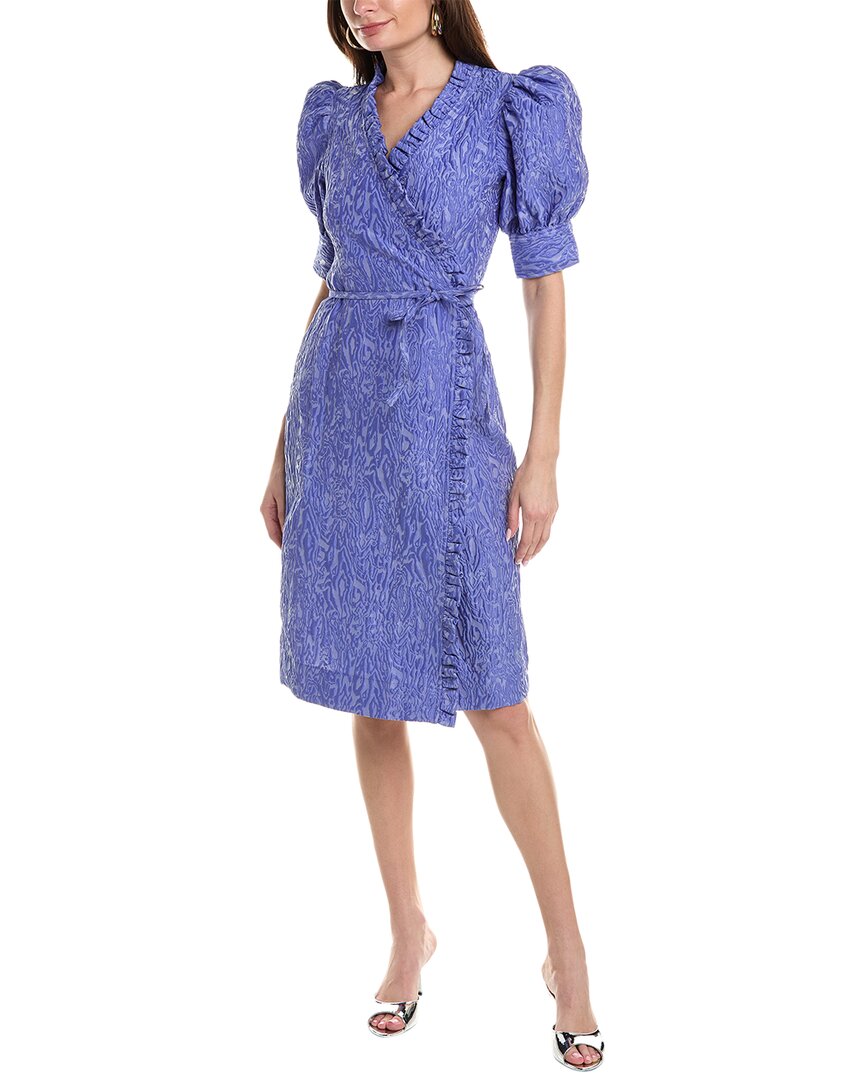 Shop Ganni 3d Jacquard Wrap Ruffle Midi Dress In Blue