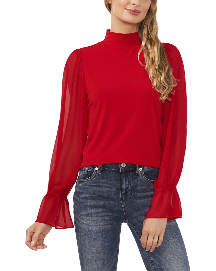 Cece Mock Neck Blouson Sleeve Satin Top