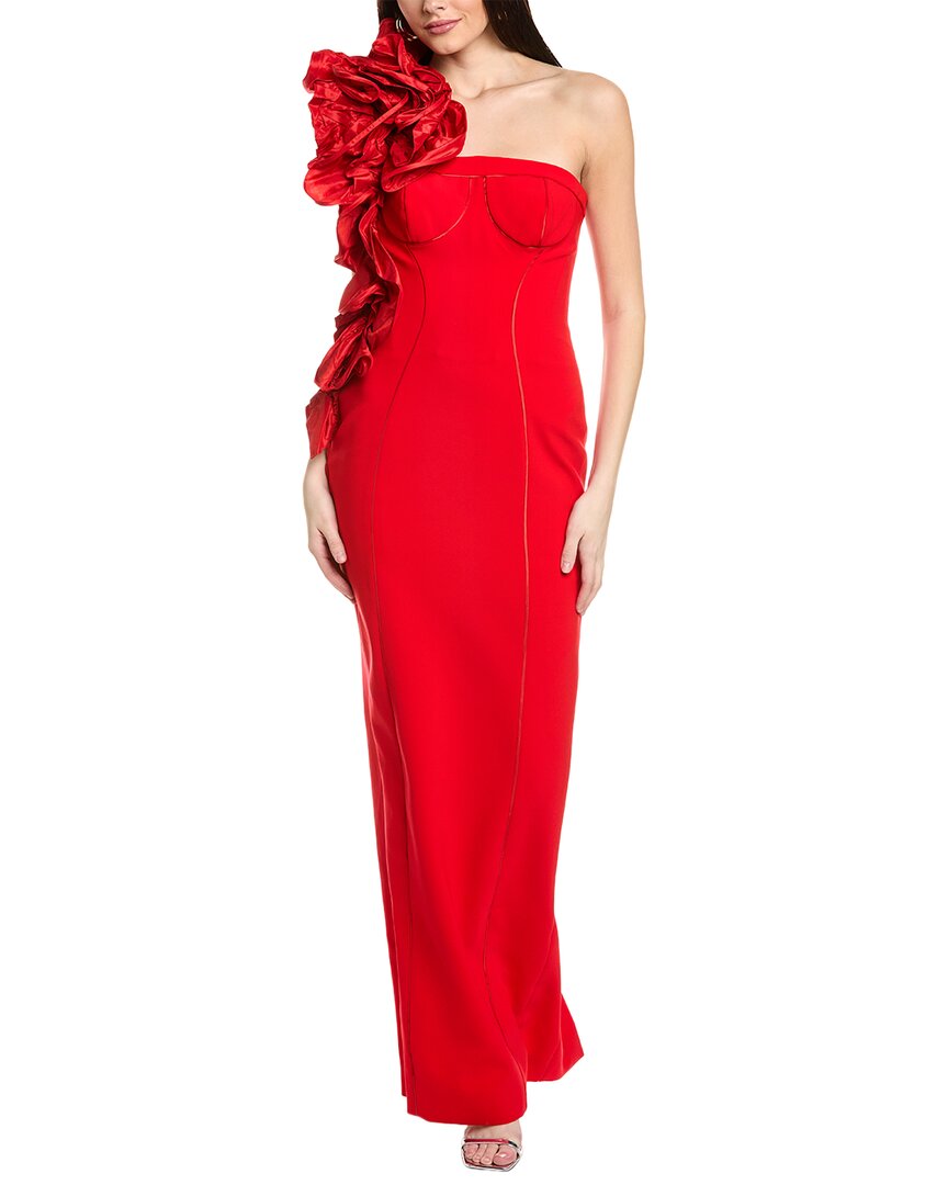 Shop Carolina Herrera Dramatic Rosette Silk-trim Column Gown In Red