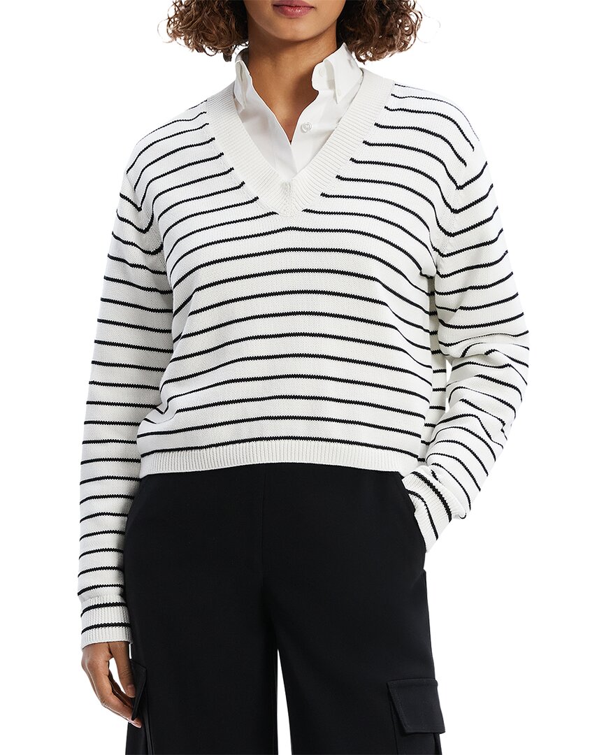 Theory Waverly Stripe Cotton V-neck Crop Sweater In White