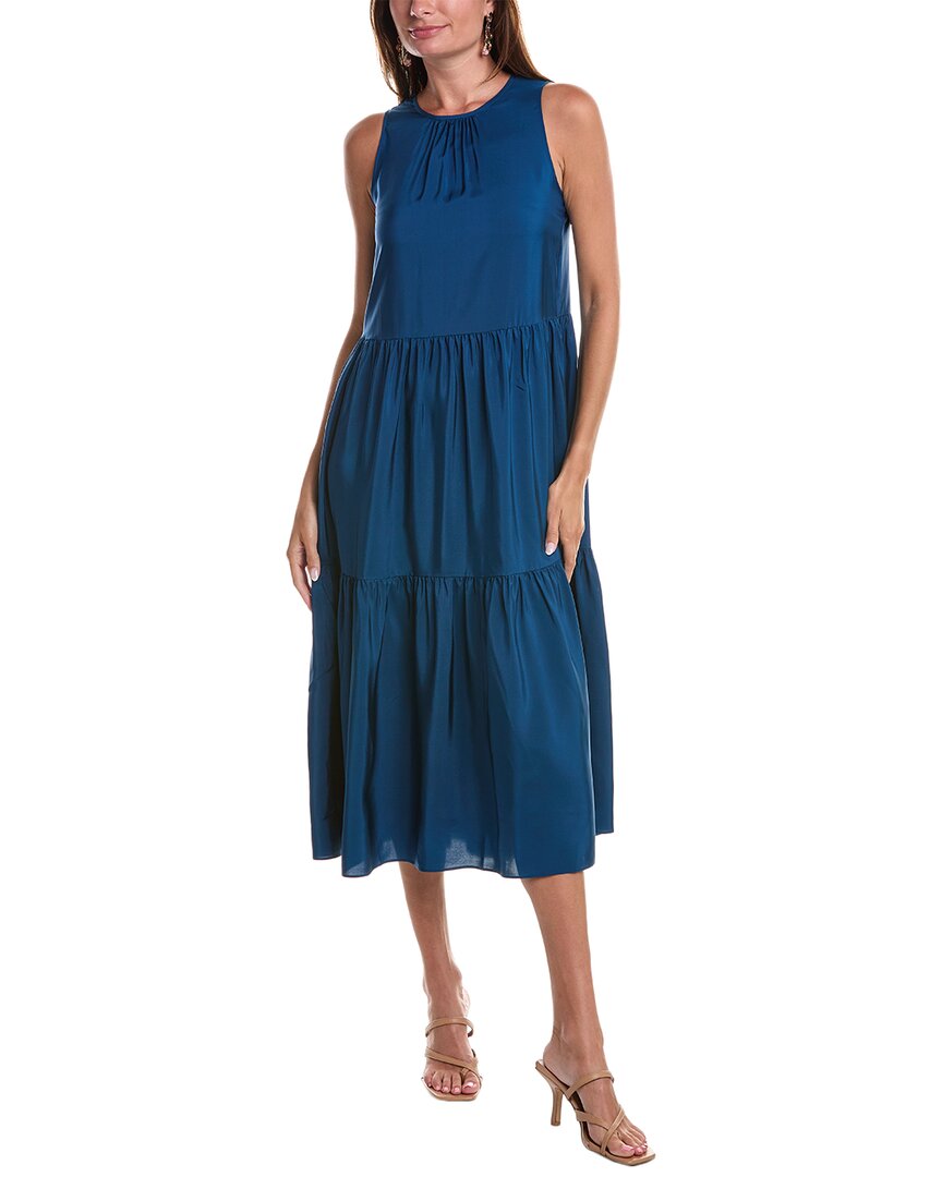 Eileen Fisher Tiered Sleeveless Washed Silk Midi Dress In Blue