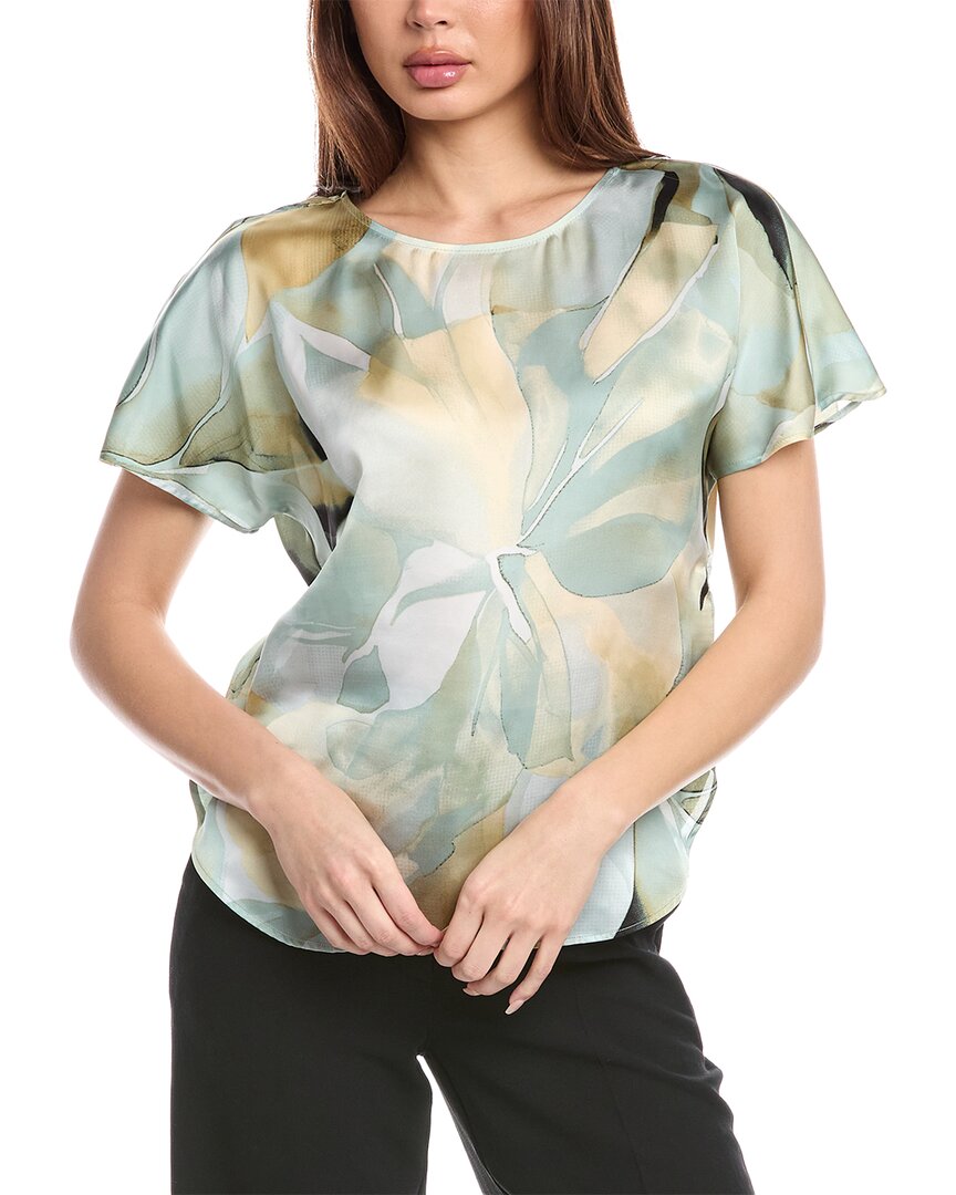 Anne Klein Petite Floral-print Curved-hem Bateau-neck Blouse In Green