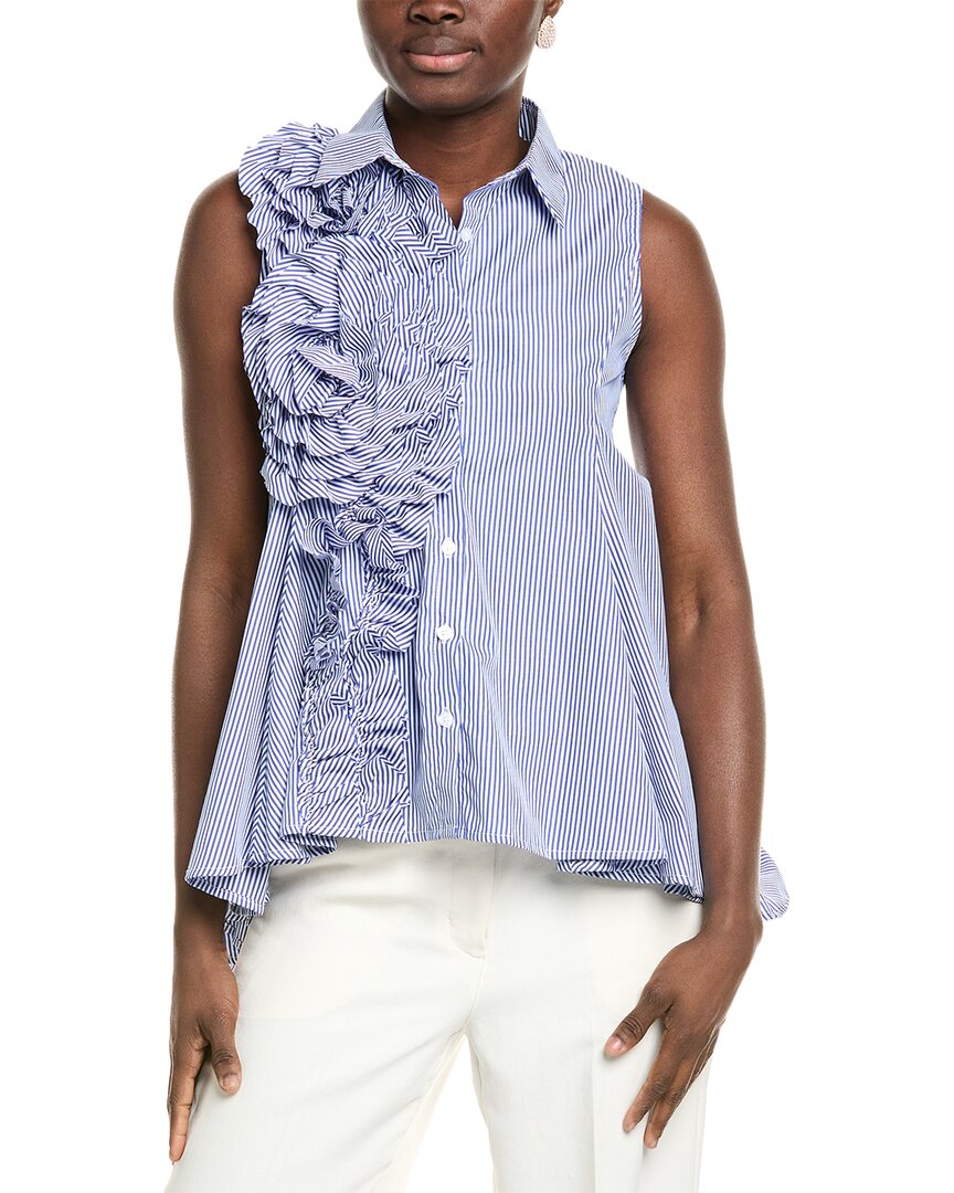 GRACIA GRACIA STRIPE RUFFLE HIGH-LOW BUTTON-DOWN SHIRT