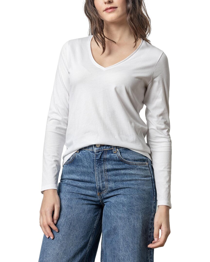 Lilla P Rolled Edge V-neck Tee In White In Red