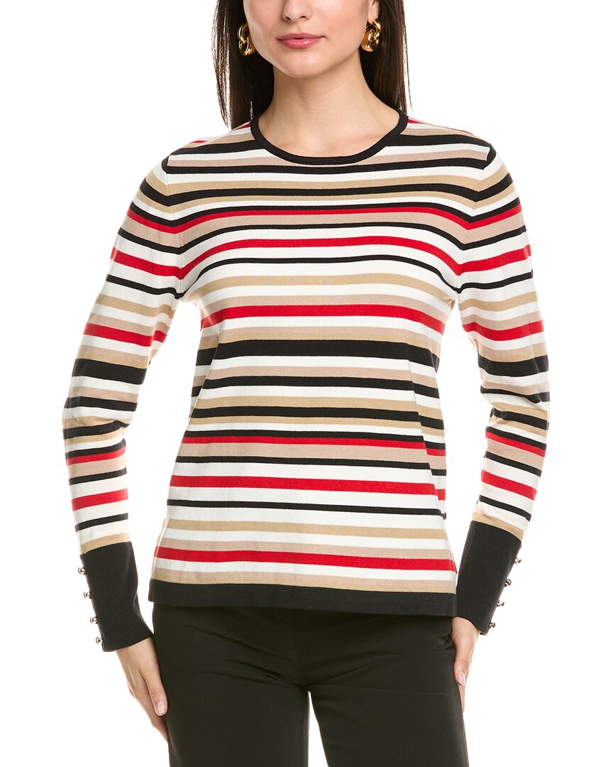 Anne Klein Stripe Button Cuff Sweater In Beige