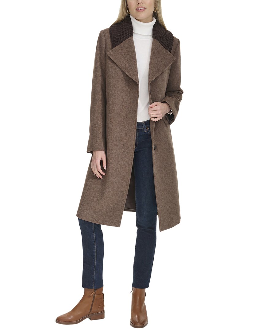 Cole Haan Ribbed Knit Collar Shawled Lapel Wool-blend In Brown