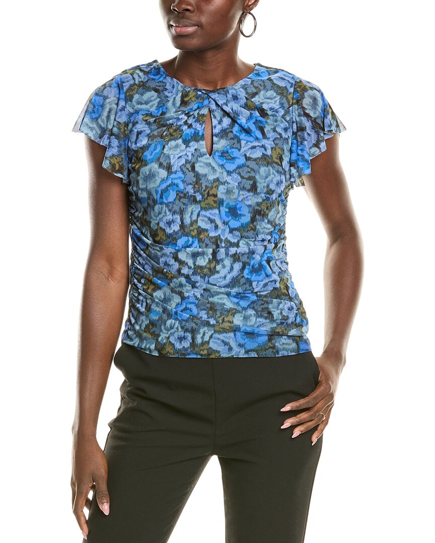 Vince Camuto Floral Flutter Sleeve Mesh Top In Blue