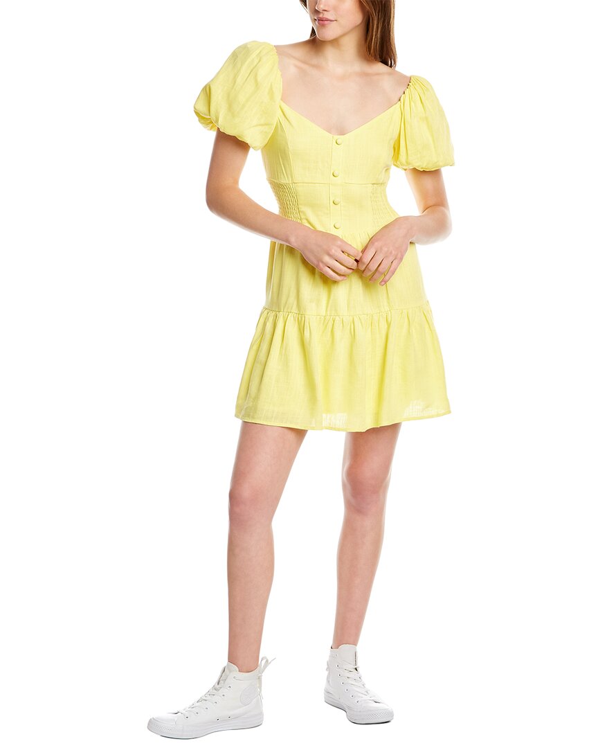 Shop Dnt Smocked Linen-blend Mini Dress In Yellow