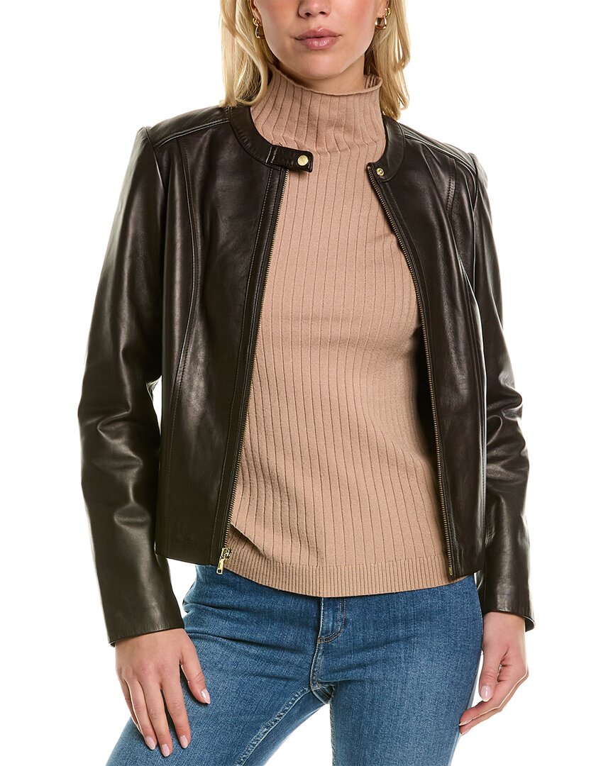 Cole Haan Leather Zip Jacket In Brown