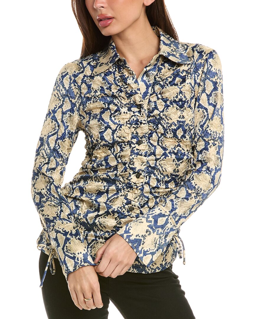 Ganni Fitted Button-front Crinkled Satin Shirt In Blue