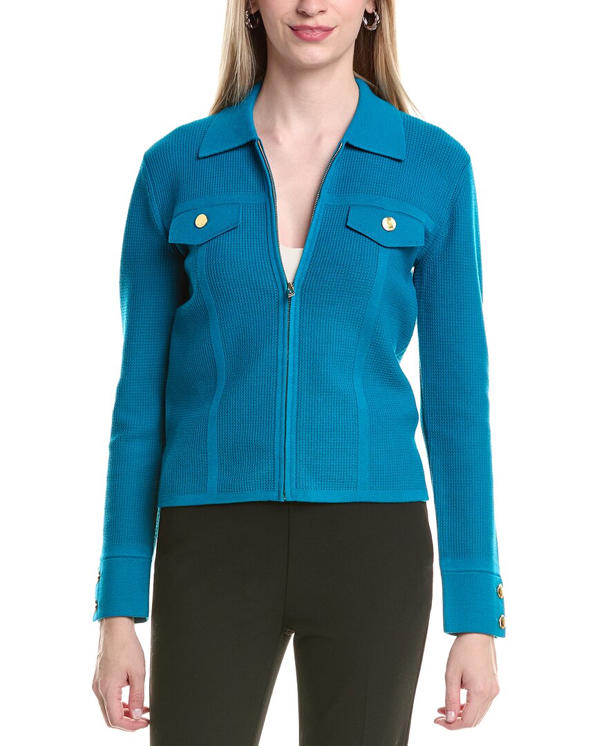 St John St. John Stretch Waffle Pique Collared Zip-up Jacket In Blue