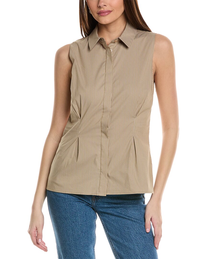 Frame Pleated Sleeveless Shirt Khaki Multi Cotton In Beige