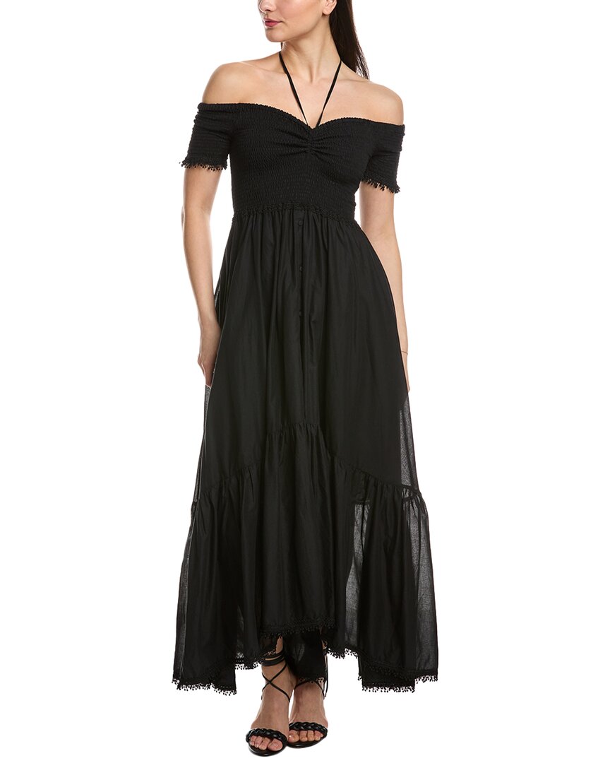Charo Ruiz Sagitta Cold-shoulder Shirred Cotton-blend Voile Maxi Dress In Black