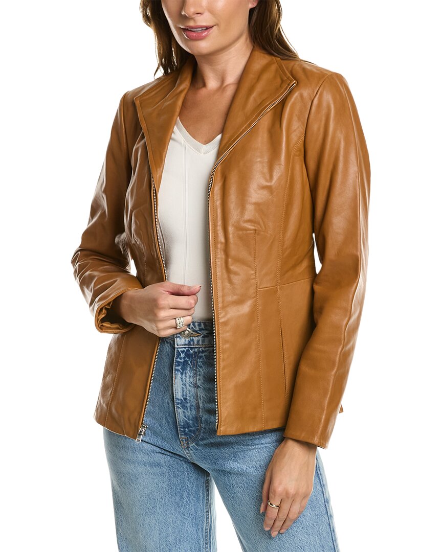 Cole Haan Leather Zip Front Jacket In Brown