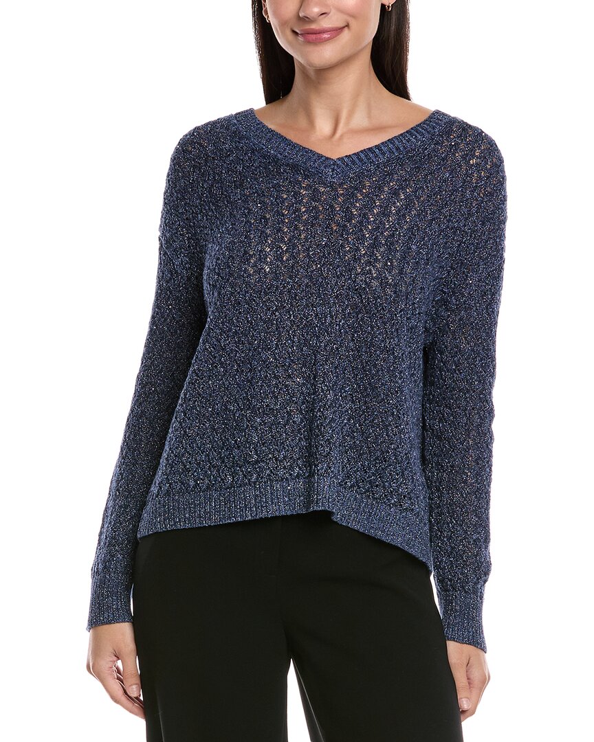 Lafayette 148 New York Cabled V-neck Linen & Silk-blend Sweater In Blue