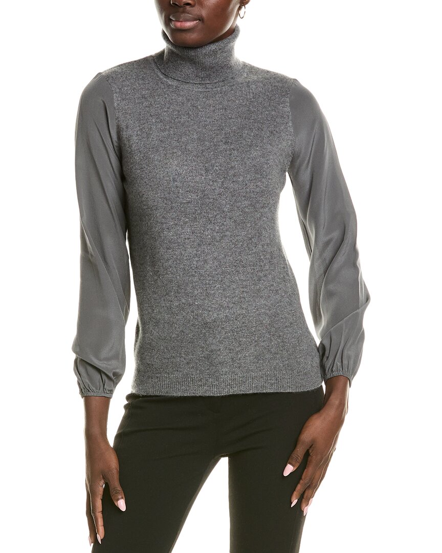 Sofiacashmere Chiffon Silk Sleeve Turtleneck Cashmere Sweater In Grey