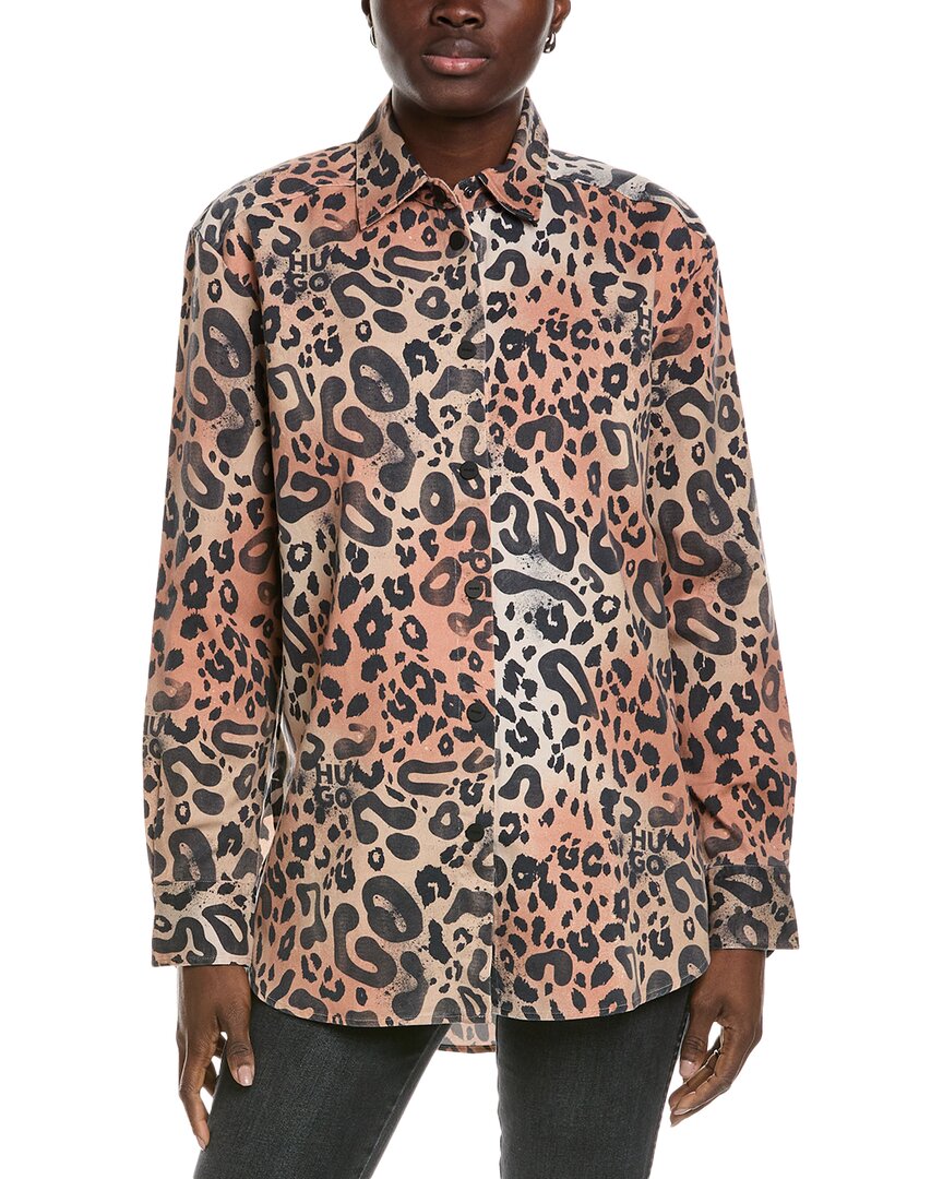 Hugo Boss Oversize-fit Blouse In Leopard-print Twill In Brown