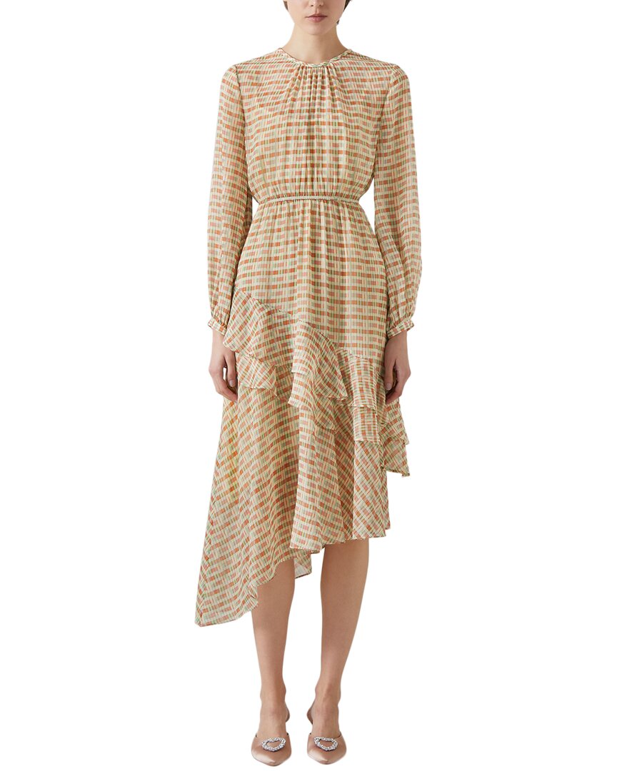 Lk Bennett Bea Print Ruffle Asymmetric Long Sleeve Silk Midi Dress