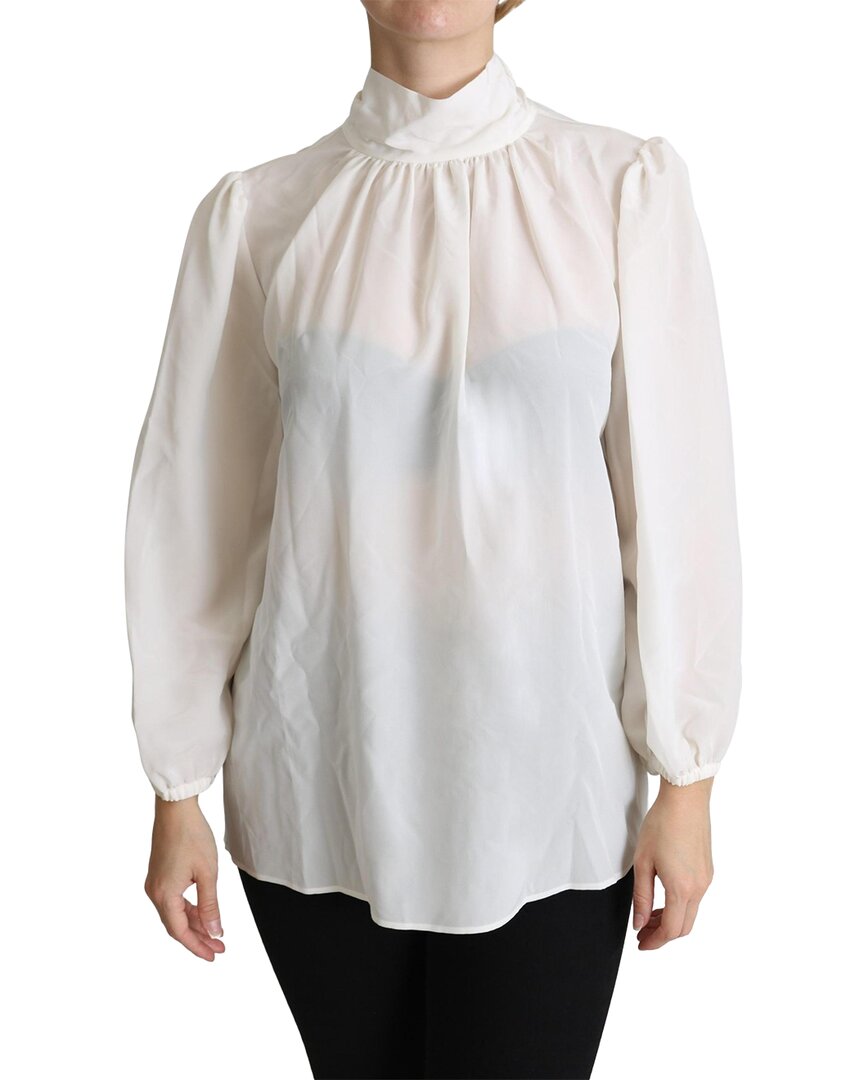 Shop Dolce & Gabbana White Silk Pussy Bow Long Sleeved